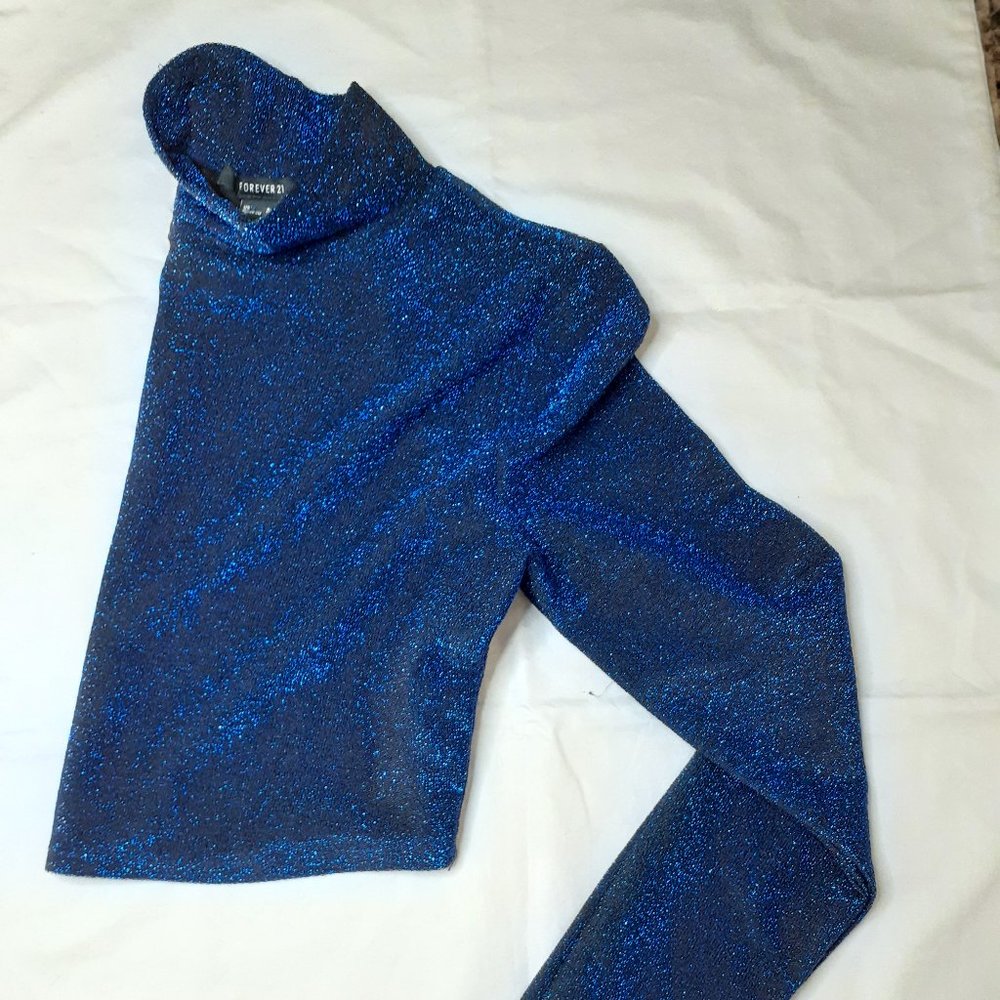 Forever 21 Metallic Long Sleeve Crop Top - Dark Blue - Size M